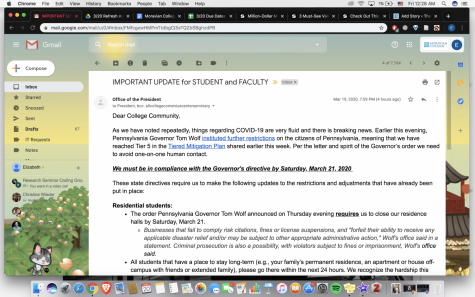 Part one of the email from President Bryon Grigsby closing Moravian College Campus and announcing the rest of the semester online.