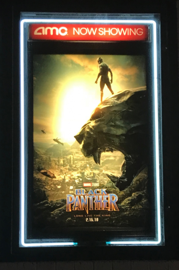 Photo+features+Black+Panther+poster+that+shows+a+man+standing+on+a+panther+statue+carved+out+of+rock+looking+out+into+a+city+that+is+on+fire.