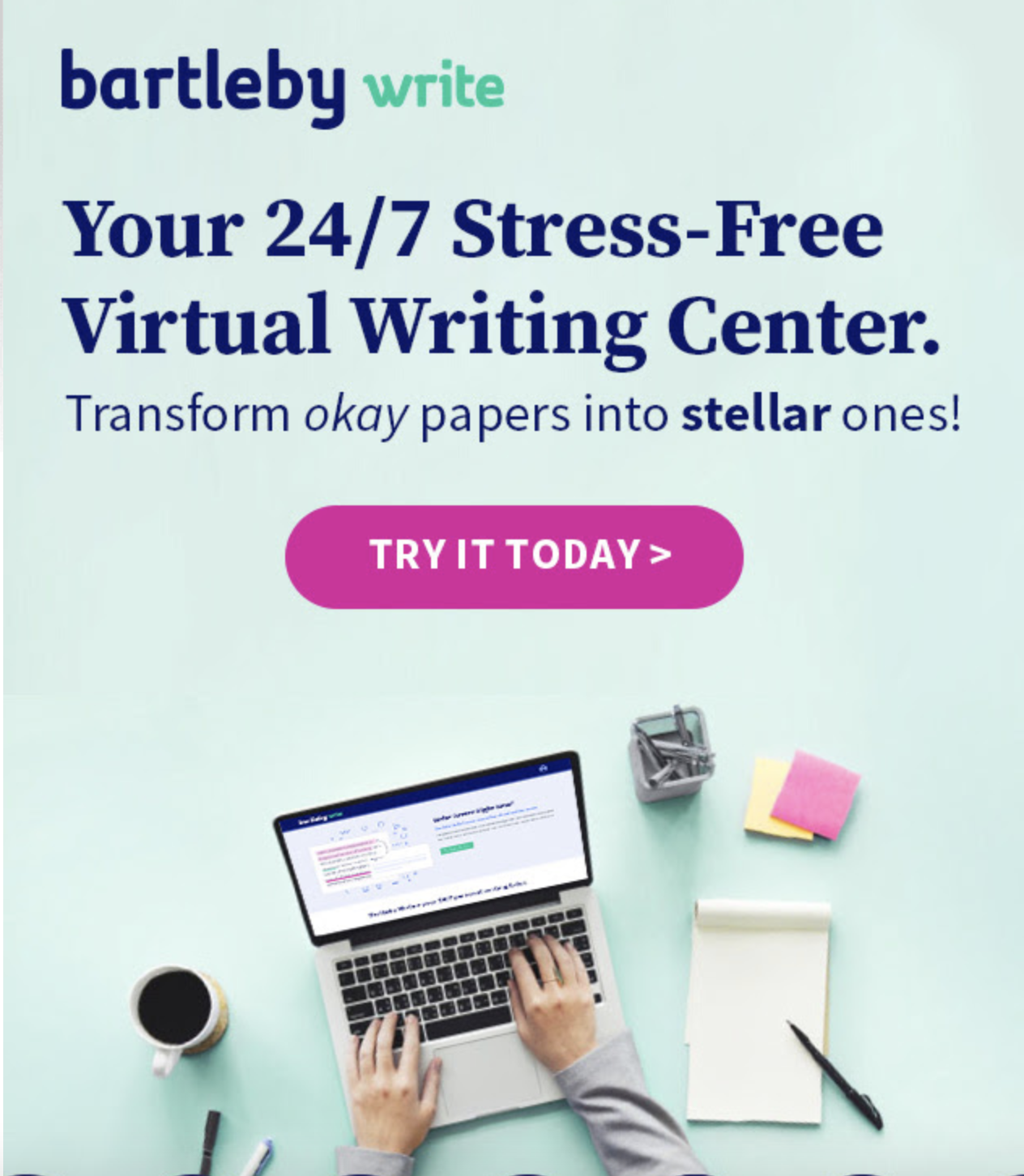 A screenshot of the promotional material sent to the whole campus advertising the Bartleby Virtual Writing Center.