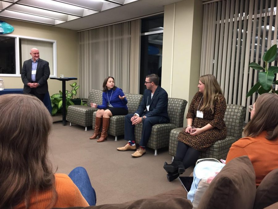 Speakers at the English Department’s Coffee and Connections event. From left to right, Dr. John Black, Megan Decker Szvetecz ‘08, Stephen Gross ‘11, Kate Cohen ‘14.