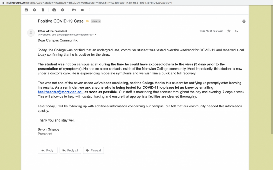 The email from President Grigsby confirming the first student COVID-19 case.