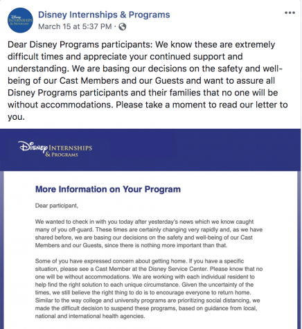 A screenshot of the Disney College Programs Facebook post announcing to the public that they will be ending this semesters program short.