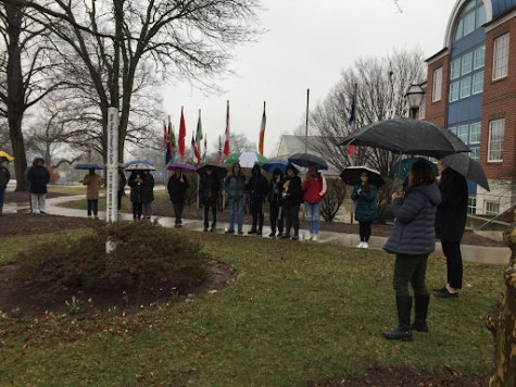 At noon on March 9th, the Moravian community gathered around the Peace Pole on North Campus to Stand for Peace, in a show of solidarity with the people of Ukraine. Photo courtesy of Staff