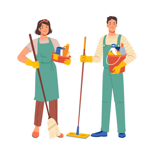 Cleaning workers isolated flat cartoon characters man and woman in uniform. Vector professional staff, domestic cleaner and washing equipment. Home clean, housework service or housekeeping janitors