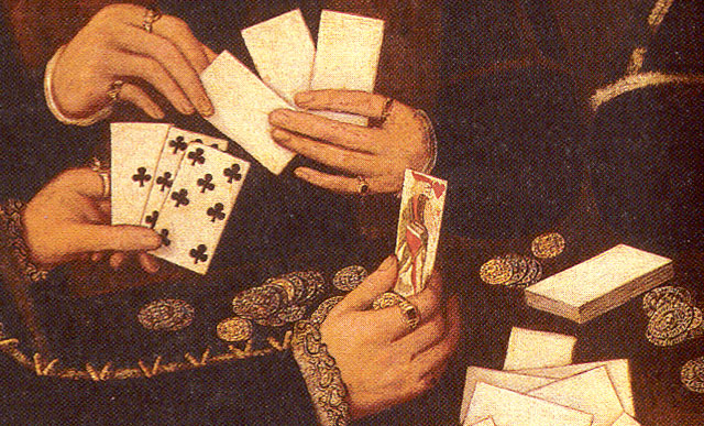 Photo from The World of Playing Cards, Detail from painting of Elizabethan Card Players, from What Life Was Like in the Realm of Elizabeth: England AD 1533-1603.