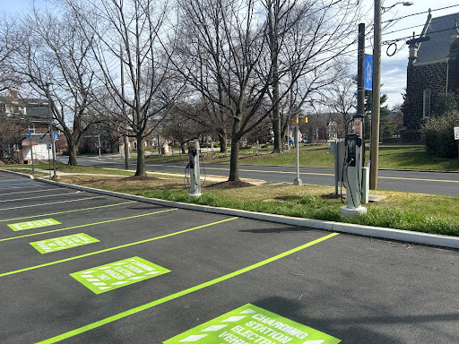 Photo by Saleh Abdussalam. The charging station in Parking Lot X with the newly-painted ‘charging station electric vehicles only’ signage visible. 
