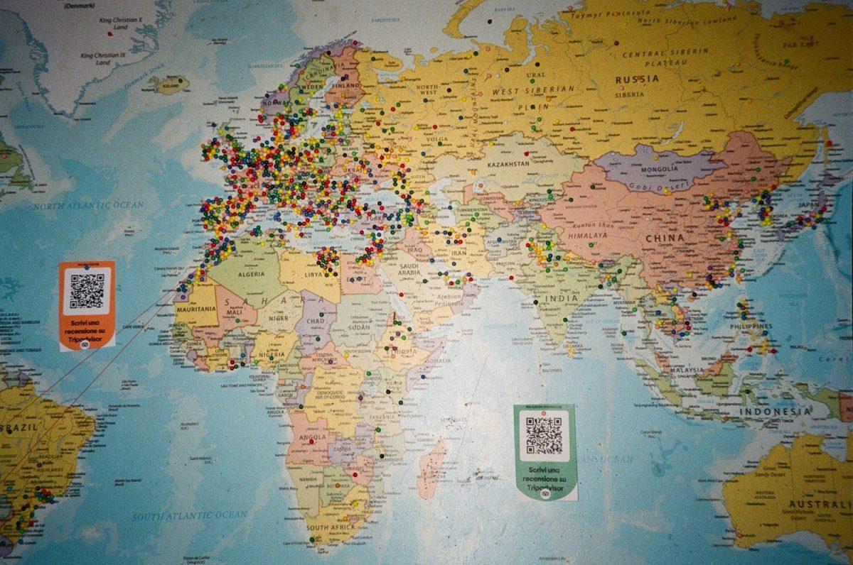 Photo by Liz Kameen. Pictured: A map in Florence, Italy, showing where patrons are from in Europe. 