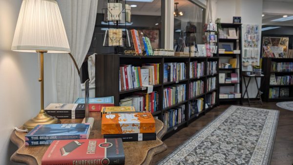 Photo by Nathan Pynchon. Pictured: A display table at Semicolon Books. 